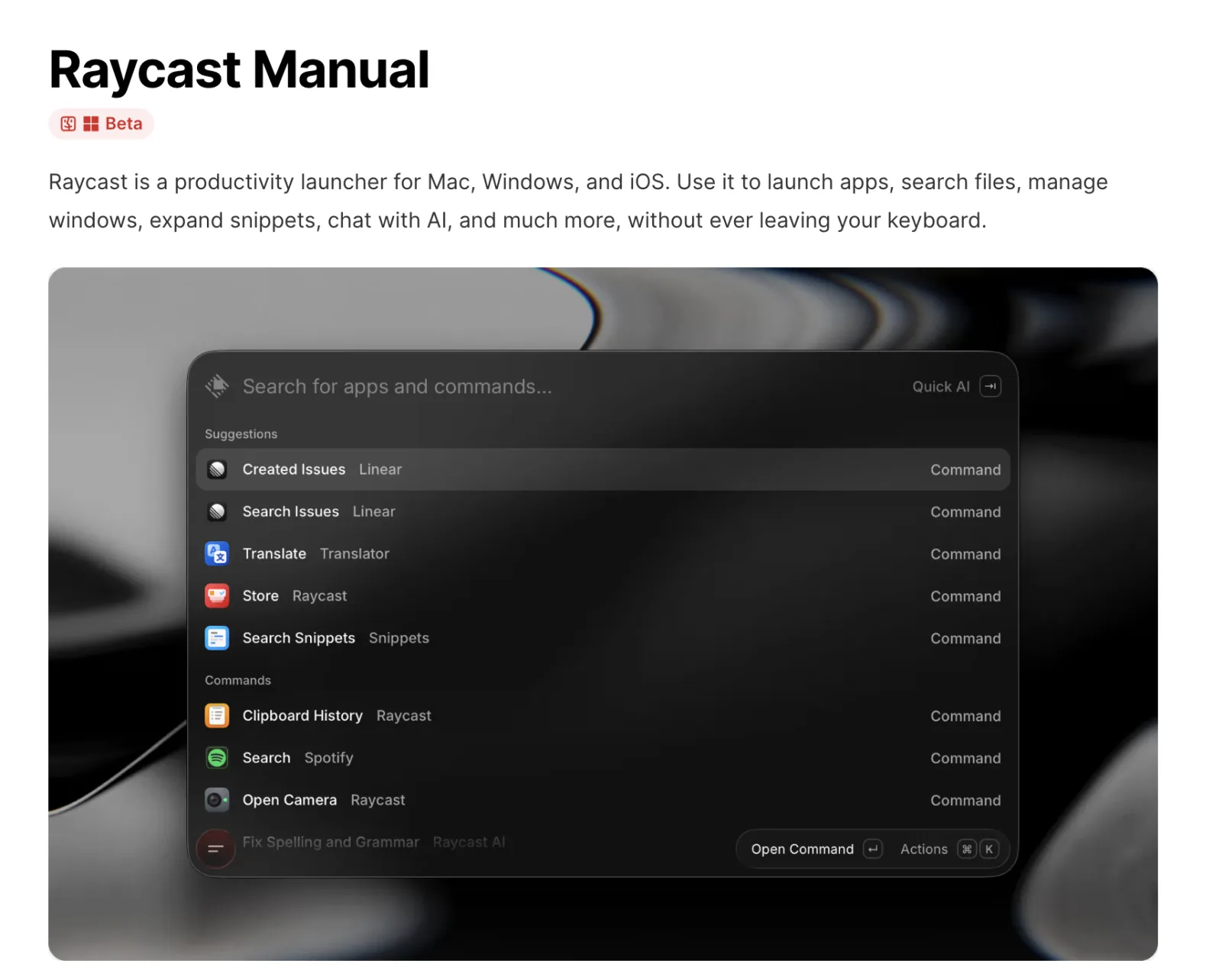 Raycast 介面：在搜尋列叫出 Clipboard History 等指令，不離開鍵盤就能操作 Mac