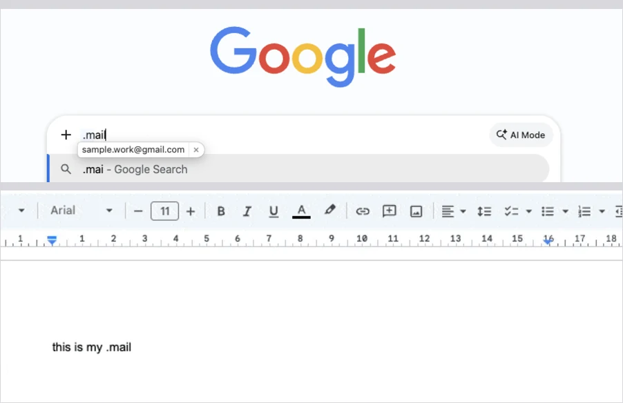 同一個 Chrome 裡的兩張截圖：Google 搜尋框跳出系統的替代文字候選，Google Docs 裡同一組輸入碼原封不動