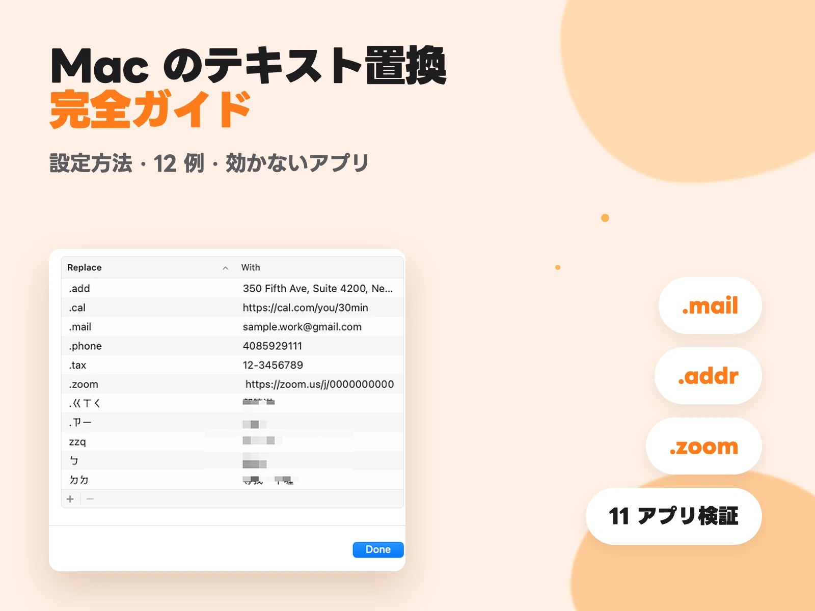 Mac のテキスト置換(ユーザ辞書)完全ガイド:設定方法・12 例・効かないアプリ一覧